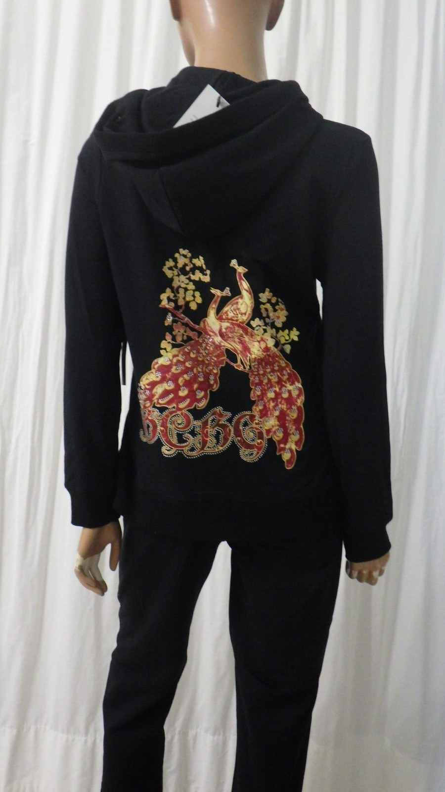 NWT BCBG sz MED (Bust36) 95% cotton BLACK & RED PEACOCK DESIGN 2PC TRACKSUIT