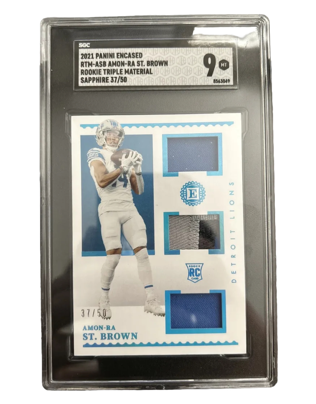Amon-Ra St. Brown Panini Encased Rookie Triple Memorabilia #RTMASB Sapphire