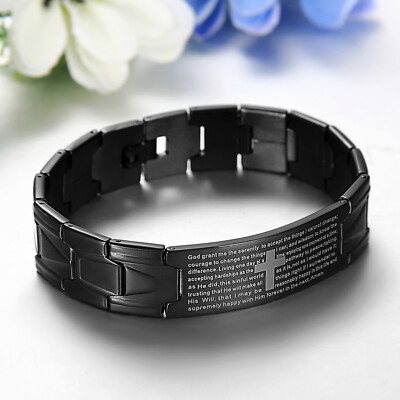 Stainless Steel Cross Serenity Prayer Bangle Bracelet Link Black