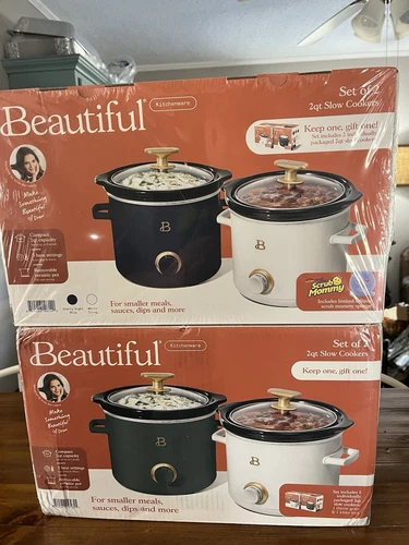 Drew Barrymore Beautiful 2 Qt Slow Cooker Set 2 Pack White Icing, Thyme. New!