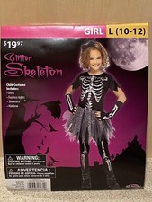 Girls Youth Glitter Skeleton Halloween Costume Size Large 10/12 New