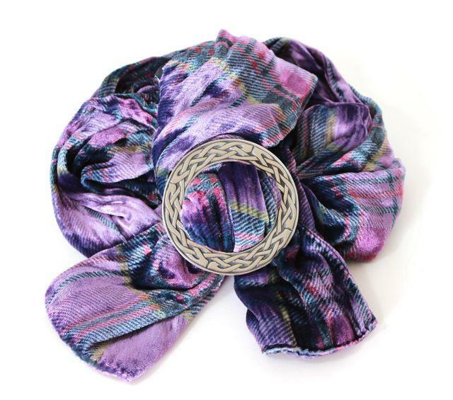 Ladycrow Twisted Purple Tartan Velvet Scarf and Stunning Pewter Scarf Ring  Set