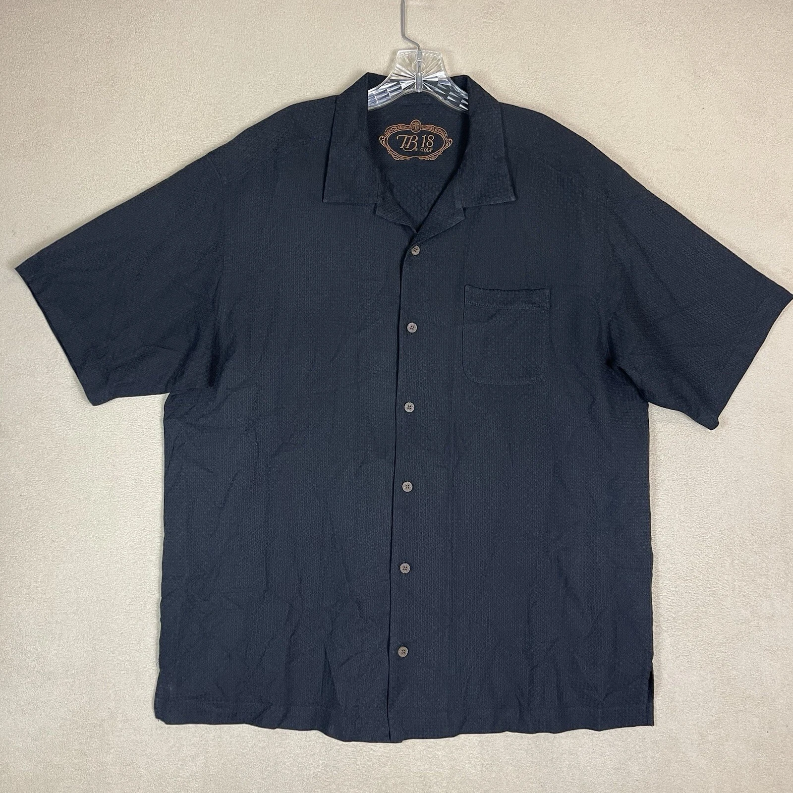 Tommy Bahama Shirt Mens XL Black TB 18 Golf Silk Bland Embroidered Button Up