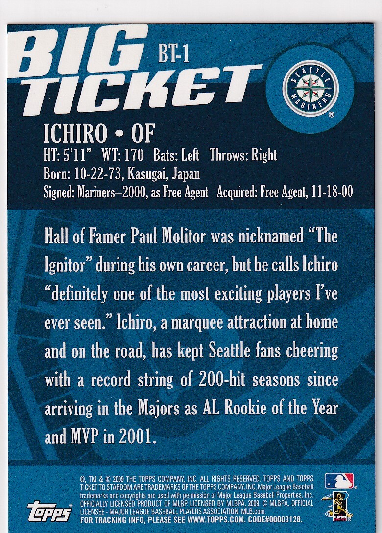 2008 TOPPS BIG TICKET ICHIRO SEATTLE MARINERS MLB BASEBALL Z2506