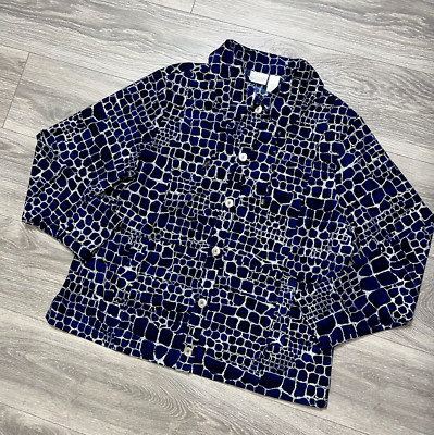 Chicos Zenergy Navy Blue Geometric Stretch Button Long Sleeve Coat Jacket 3 XL
