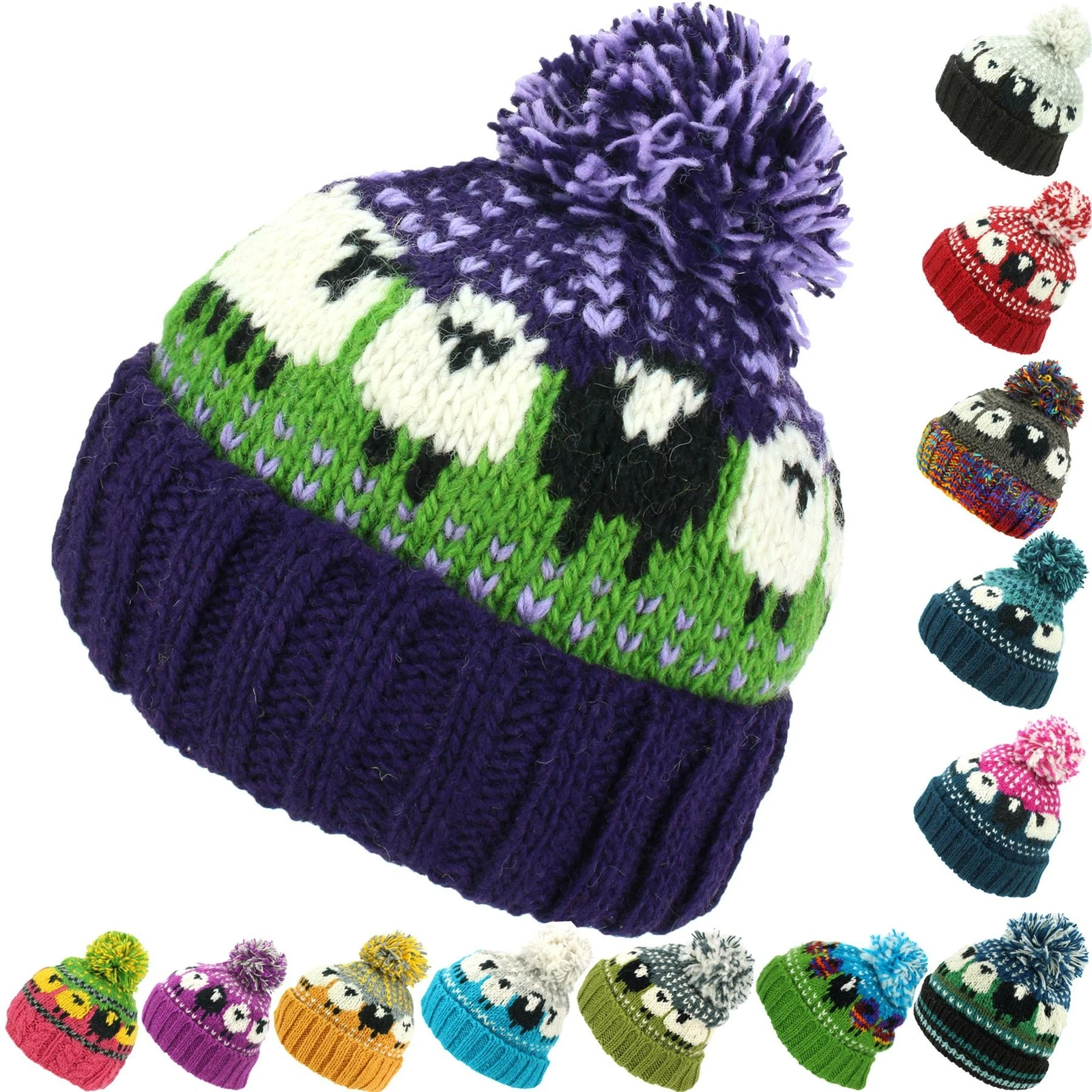 WOOL KNIT BOBBLE BEANIE HAT SHEEP PATTERN & BLACK SHEEP FLEECE LINED