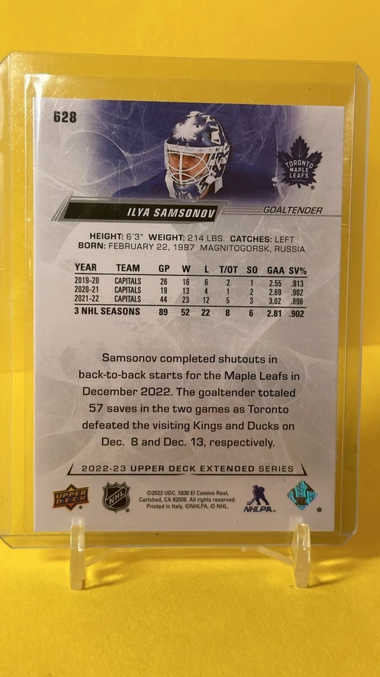 2022-23 Upper Deck Extended Series Exclusives Ilya Samsonov #628 /100 - Image 2 of 2