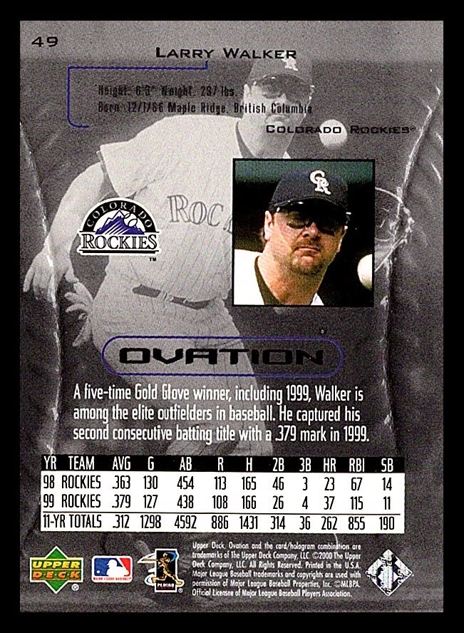 2000 Upper Deck Ovation #49 Larry Walker Free Shipping - Image 2 of 2