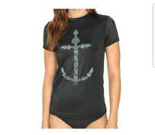 O'NEILL WOMEN'S SMALL SKINS UPF 50 SHORT SLEEVE RASH GUARD BLACK TEAL ANCHOR