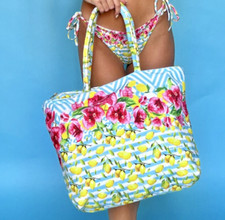 ANTICA SARTORIA 2024 FLOWERS STRIPE LEMONS BEACH ZIPPERED BEACH TOTE/PURSE NWT