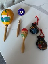 5 HOLZ MARACAS Vintage SHAKER Percussion Musikinstrumente Spiele handbemalt