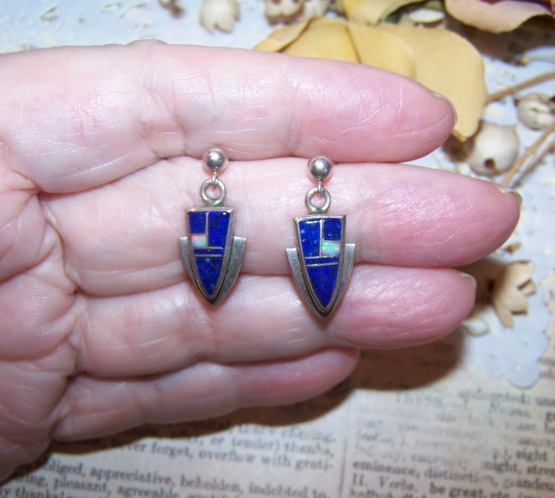 ERVIN HOSKIE Navajo Sterling Silver Lapis Lazuli Opal Inlay Dangle Earrings