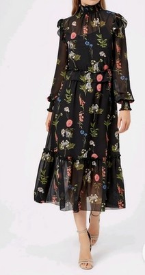 Ted Baker Simarra Florence Floral Midi Dress Black Chiffon Long Sleeve Size 6