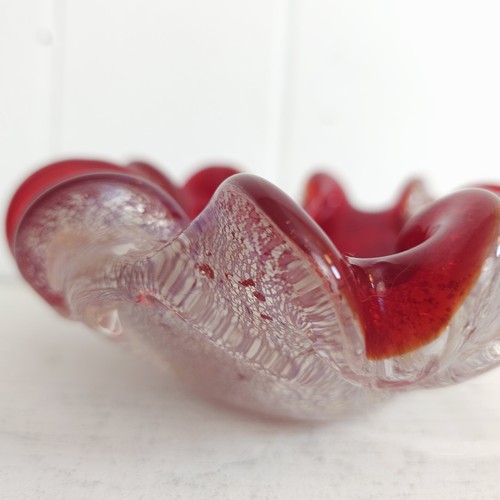 Vtg Murano Ruby Red Encased Silver Art Glass Bowl Small Ashtray Metallic Ruffle - Picture 7 of 19