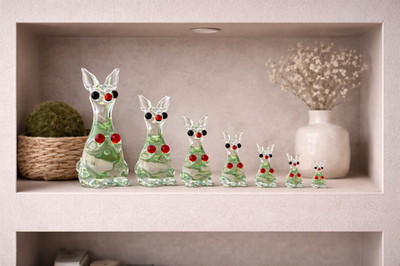 7pc Handmade Glass Kangaroo Family Figurine Set Green Hand Blown Art Animal