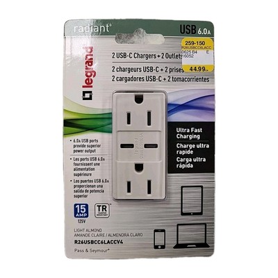 Pass & Seymour Duplex Outlet + USB Charger, Type C, Light Almond, 6.0A, 15-Amp