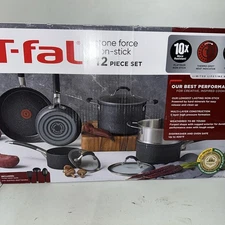 T-Fal 12PC Set Fry Pan Stockpot 500F Black Cookware Stainless Steel Glasss