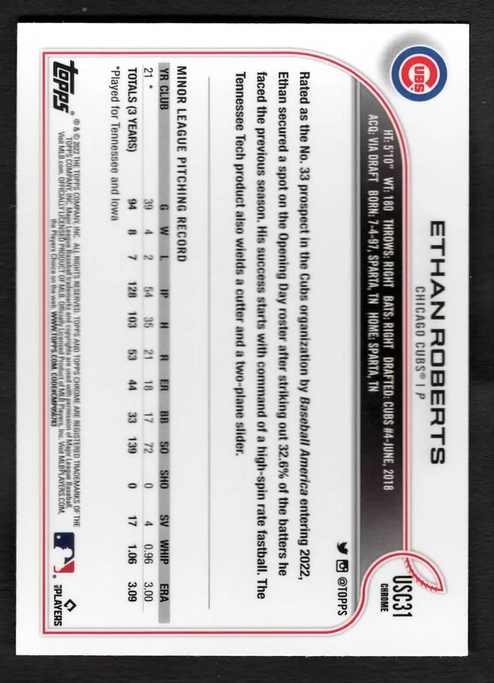 2022 Ethan Roberts Topps Chrome Baseball Rookie RC Cubs USC31 - Image 2 of 2