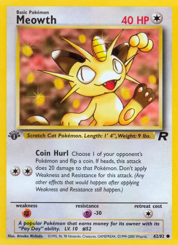 Meowth - 62/82 - Pokemon Team Rocket 1st Edition Card WOTC NM
