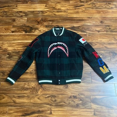 Bape Style Outerwear Mens Varsity Jacket Green Plaid Shark WGM Patch Bomber M