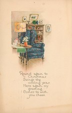 Vintage Christmas Postcard Gibson Art Co. Cozy Armchair Scene Postmarked 1910s