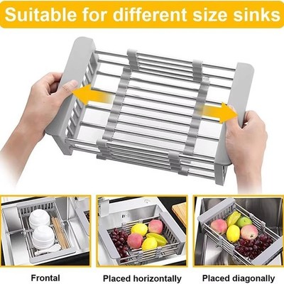Adjustable Stainless Steel Kitchen Dish Drying Sink Rack Drain Strainer Basket