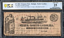 PCGS 25! 1862 CONFEDERATE STATE OF NORTH CAROLINA $5 TREASURY NOTE