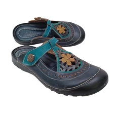 Spring Step L'Artiste Shoes Navy Teal Leather Mary Jane Sylph Clogs Slides 39 8