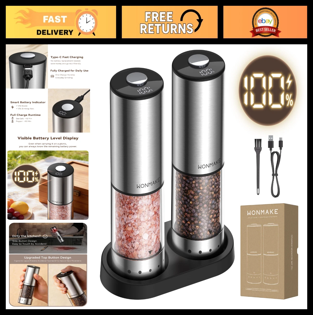 Rechargeable Electric Salt & Pepper Grinder Set - LED Display, Stainless Steel,