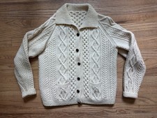 Vintage Wool Fisherman Cable Knit Button Cardigan Sweater Pockets Cream