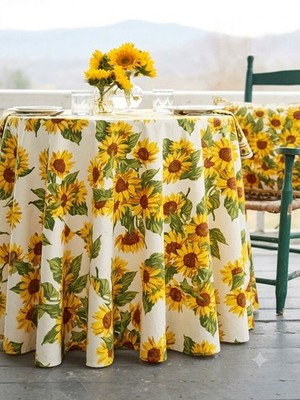 April Cornell Sunflower Valley Tablecloth 88 Round Ecru Cotton NWOT Open Box