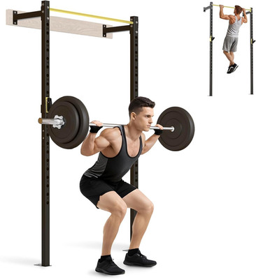 Wall Mounted Power Cage, 900Lbs Squat Rack with Pull up Bar for Home Gym, Space-