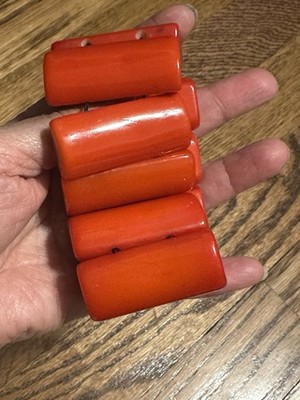 Vintage Dominique Denaive Red Bakelite Wide Bar Stretch Bracelet Signed France