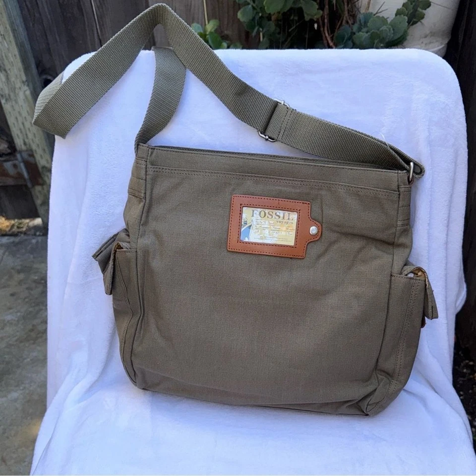 Vintage Fossil Voyages Crossbody Bag Ripstop Khaki Green Canvas Map Liner Y2K - Image 2 of 4