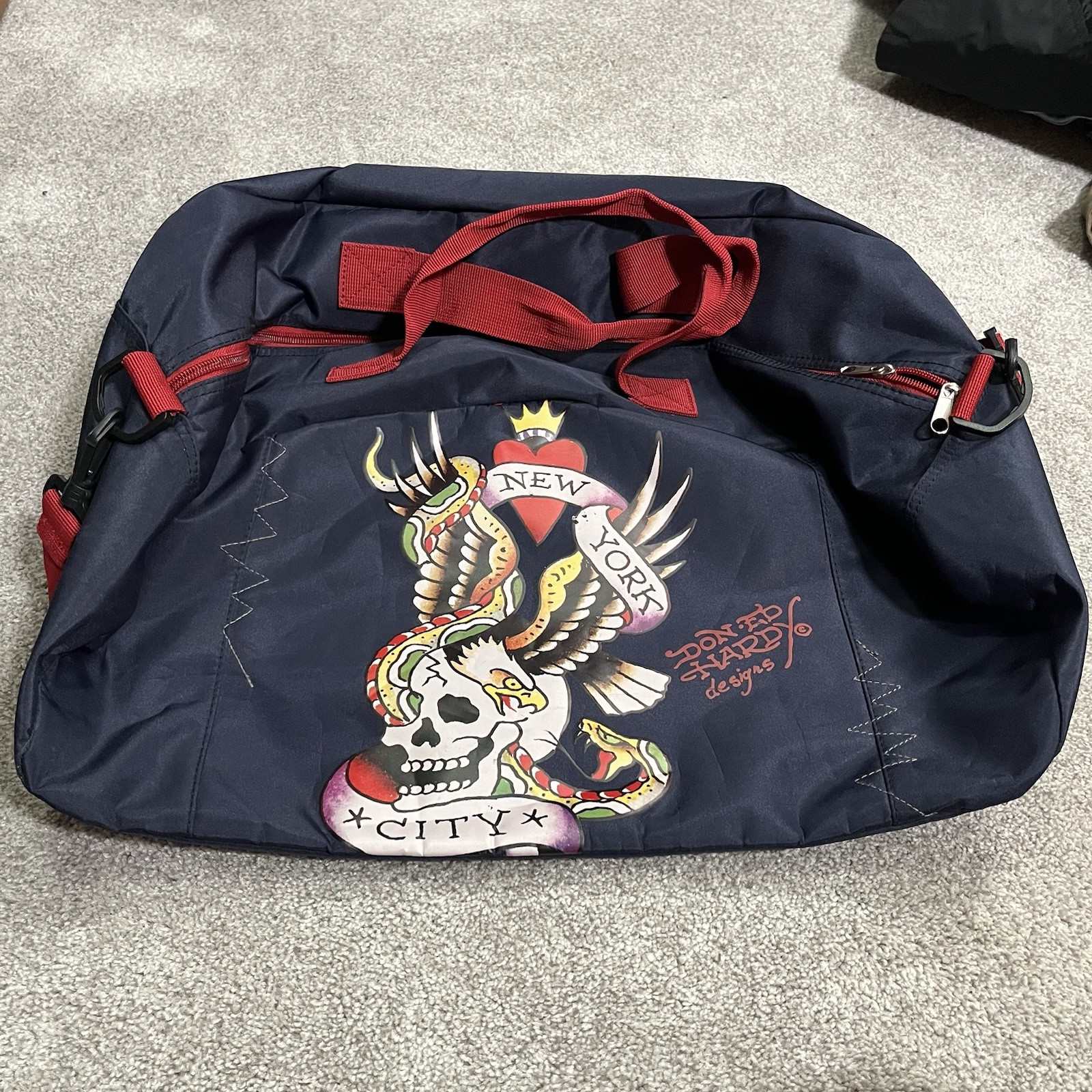 Vintage Ed Hardy Duffle Bag Adult Large Blue Nylon New York City Skull Snake Y2K