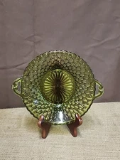 VTG 60s MCM Indiana Glass Green Candy Relish Dish Handles Honeycomb Pattern 7.5"