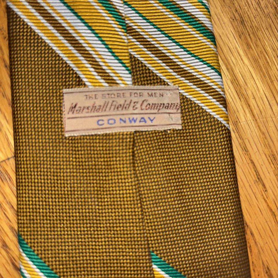 Corbata vintage Marshall Field & Co marrón amarillo verde rayas diagonales Foto 4 de 4