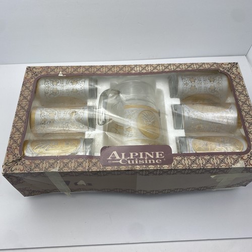 Alpine Cuisine Glass Pitcher & 6 Glasses MCM Gold Wheat - Picture 13 of 15