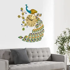 Luxury Peacock Large Wall Clock 3D Metal Living Room Wall Watch Home Decor NEW