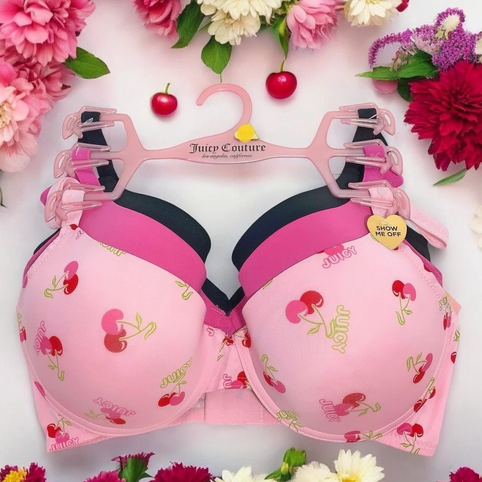 Juicy Couture Sexy Estampado Cereza, Rosa, Negro Conjunto de Sujetador Pushup de 3 Piezas Talla 36D Foto 2 de 4