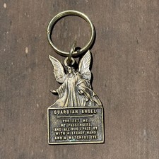 VTG CAMCO Guardian Angel Brass Key Ring Chain Patina Prayer For Protectection