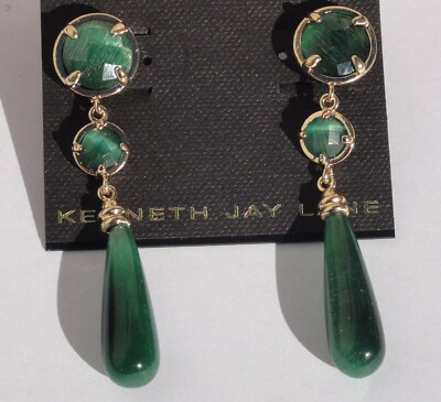 KENNETH JAY LANE KJL 22K Gold Plated GREEN Cat's Eye and GOLD DROP EARRINGS NEW 