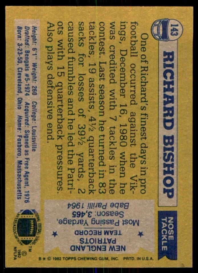 1982 Topps^ Richard Bishop* New England Patriots #143 - Image 2 of 2