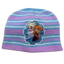 Disney Frozen Beanie Hat Girls Cap Purple Blue Strip