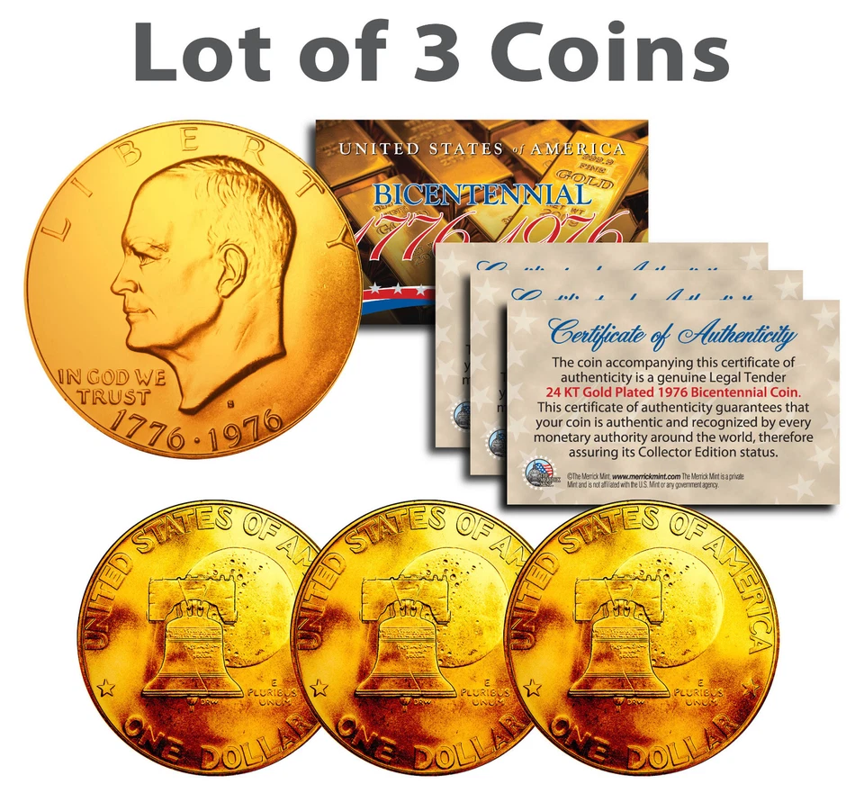 Bicentennial 1976 Eisenhower IKE Dollar U.S. Coins 24K GOLD PLATED (Lot of 3) - Image 3 of 3