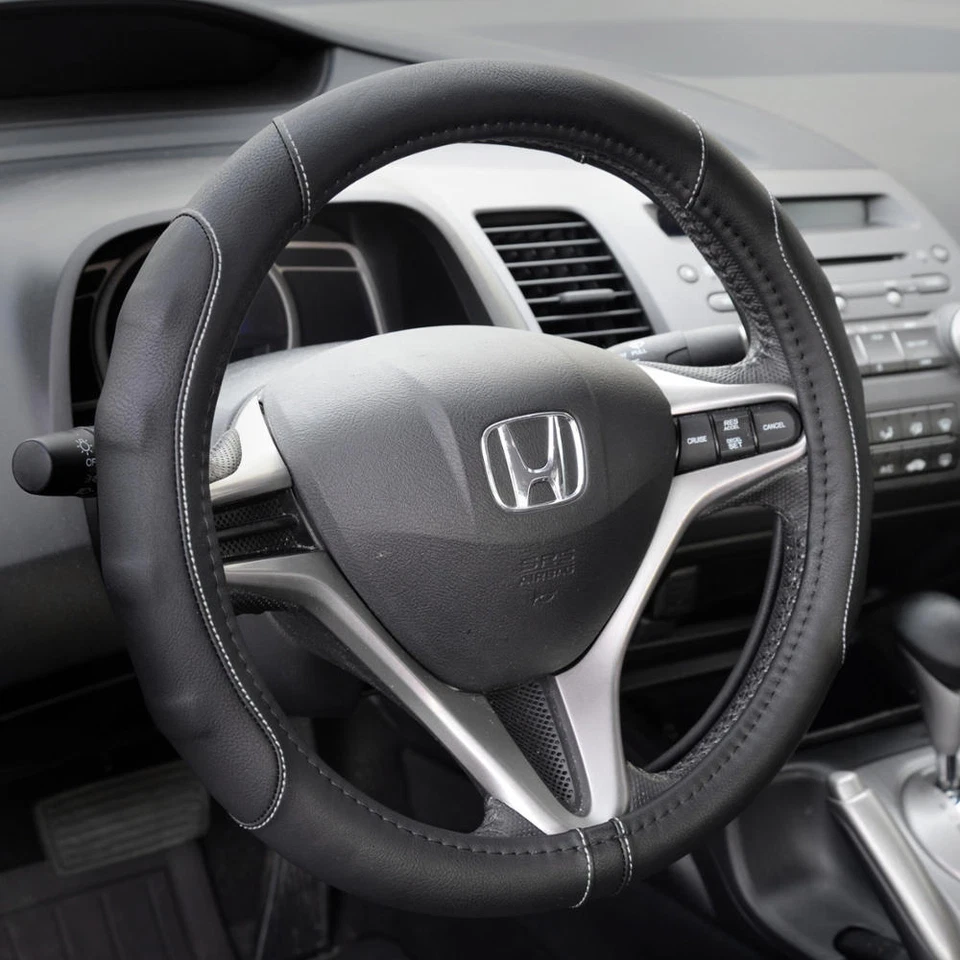 Fundas de asiento de coche de cuero PU gris + cubierta de volante con costuras negras/grises Foto 2 de 4