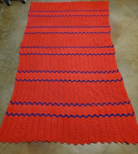Red Throw Crochet Blanket W/ Blue Zigzag Striping Handmade 48" X 76" Reversible - Picture 2 of 3