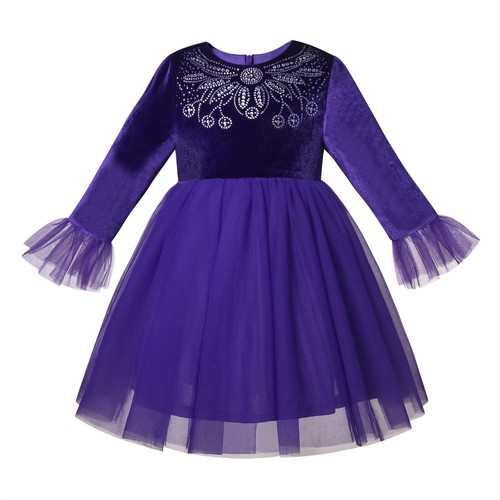 Classic Girls Purple Tulle Dress with Diamond Decoration + Bow Velvet Dress - Picture 2 of 16