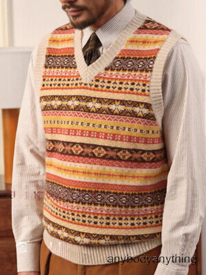 Chaleco Chaleco de Lana 100% Lana Patrón Isla Justa Invierno Hombres Tejido Multicolor Foto 4 de 4