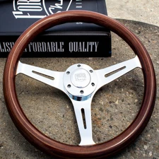 15" Chrome Empire Steering Wheel with Real Dark Wood Mahogany Grip - 6 Hole